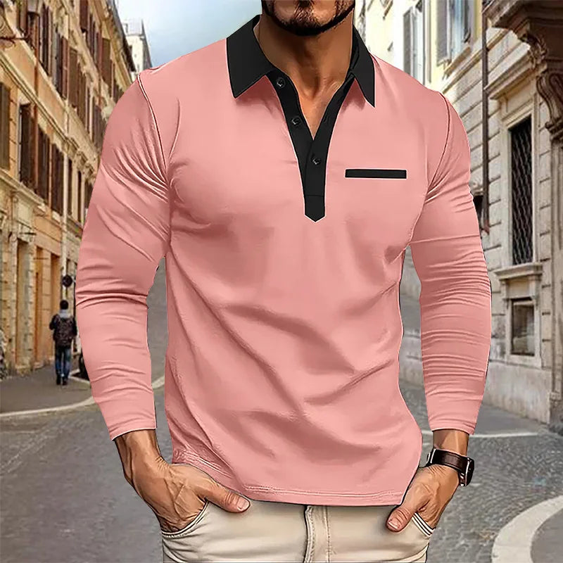 Spring and Autumn Men's Long sleeved Polo Shirt business casual Fashion Classic lapel neck Shirt European and American plus size