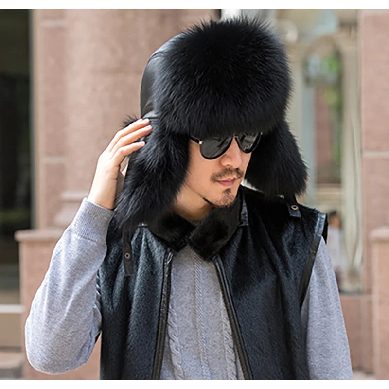 Winter Men's 100% Real Silver Fox Fur Bomber Hat Raccoon Fur Ushanka Cap Trapper Russian Man Ski Hats Caps Real Leather