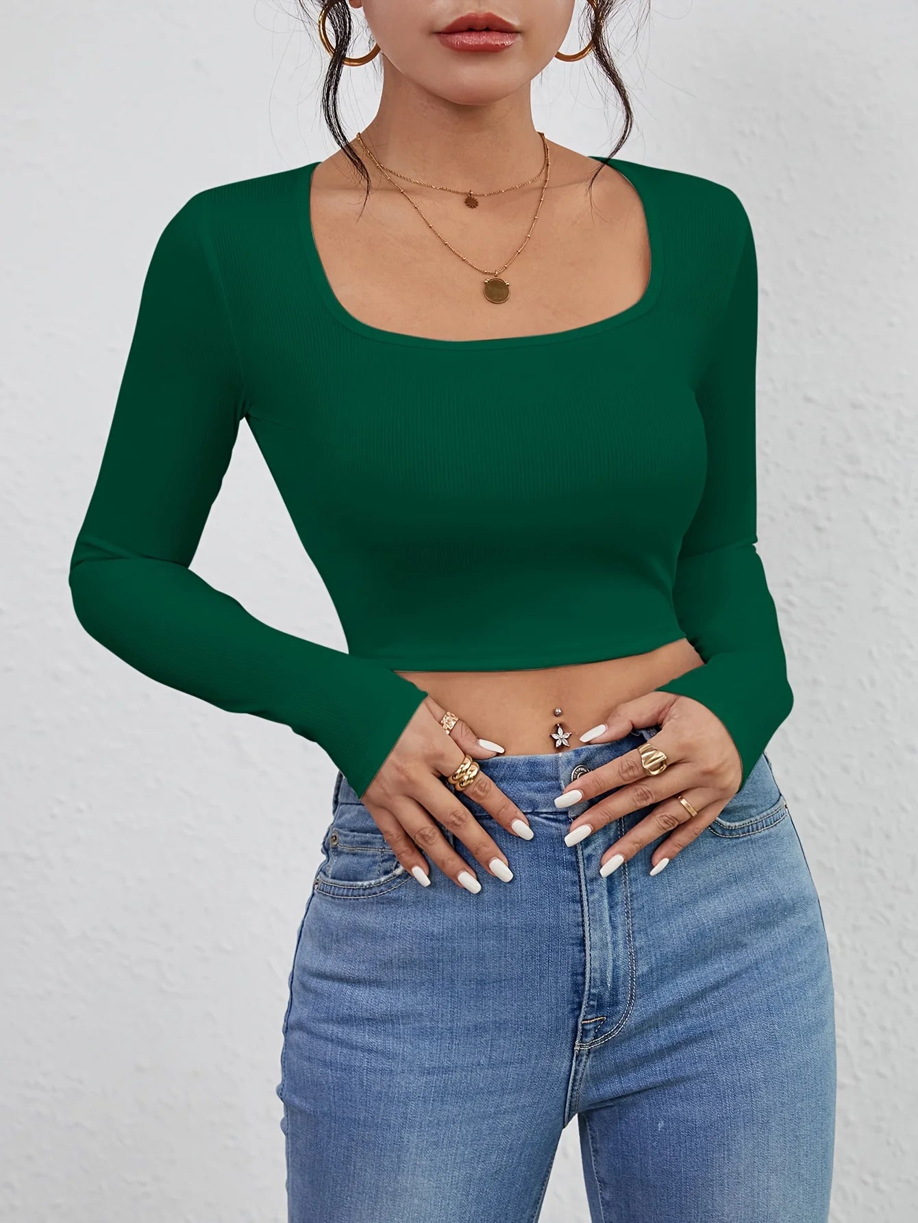 Slim fit short sexy top with exposed navel  casual long sleeved solid color T-shirt  square neck vest   women's clothing - reetell