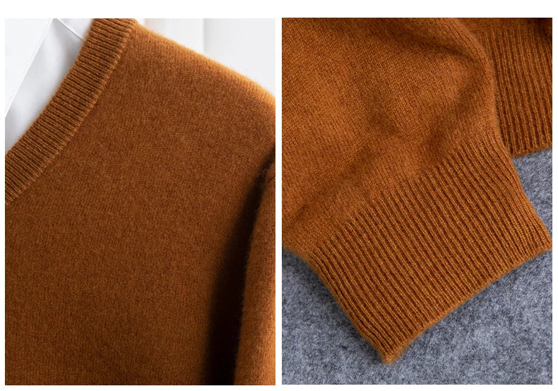 Men 100% Merino Wool Sweater V-Neck Pullover Autumn Winter Cashmere Warm Solid Knitwear Clothes Business Bottoming Soft Tops - reetell