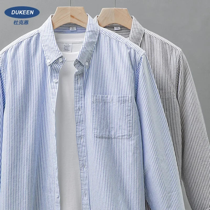 DUKEEN New Men's Casual Tops Striped Shirt Loose Top Cotton Cardigan Spring and Autumn Long-Sleeved Shirts