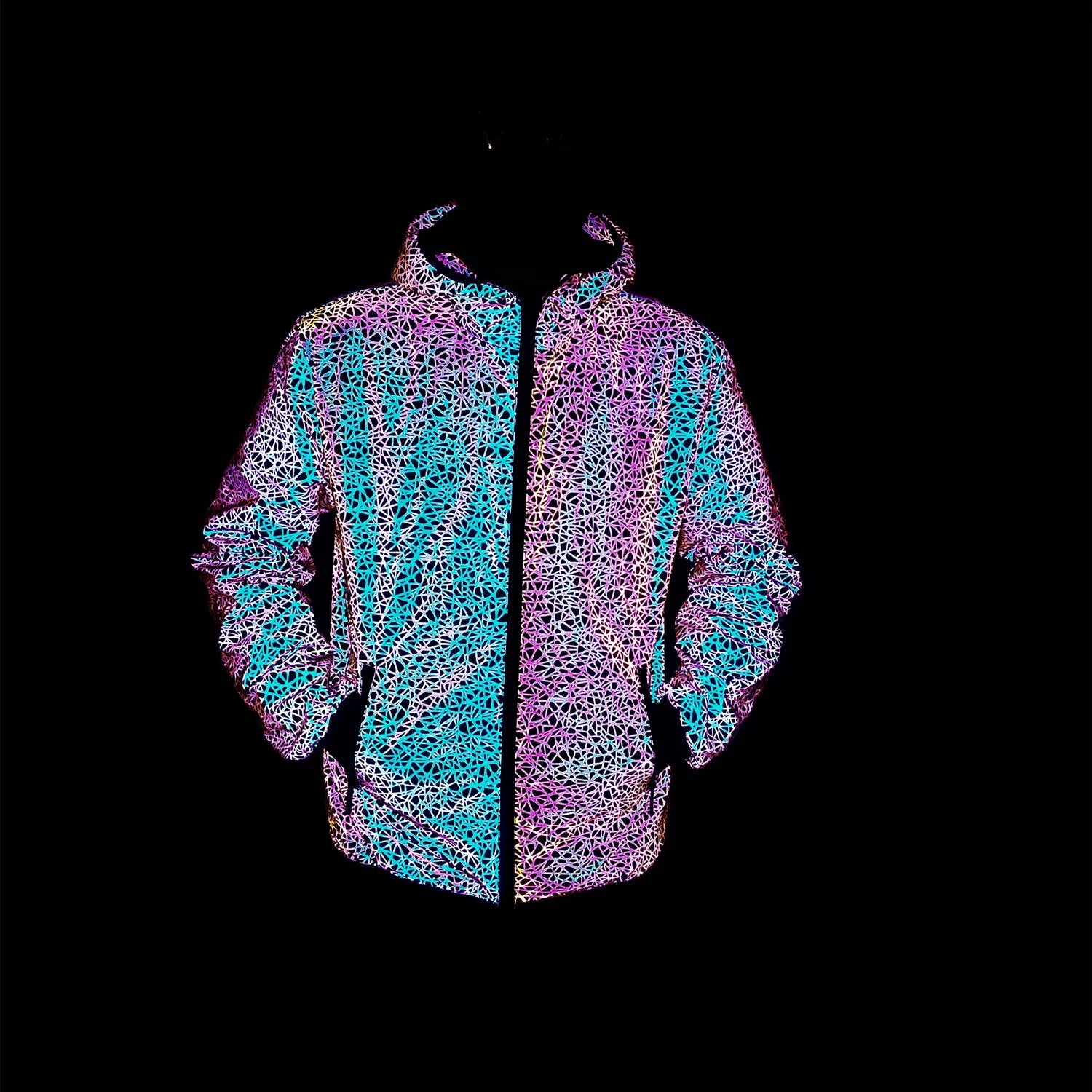 2022 Autumn Winter Colorful Reflective Hooded Jacket Mens Harajuku Hip Hop Night Club Reflect Light Shiny Coats Windbreaker - reetell