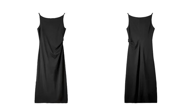 SENTUBILA Ruched Black Dress Women 2024 Spring Summer Party Slim Temperament Slash Neck Sleeveless Lady Midi Dresses Q33L52443 - reetell