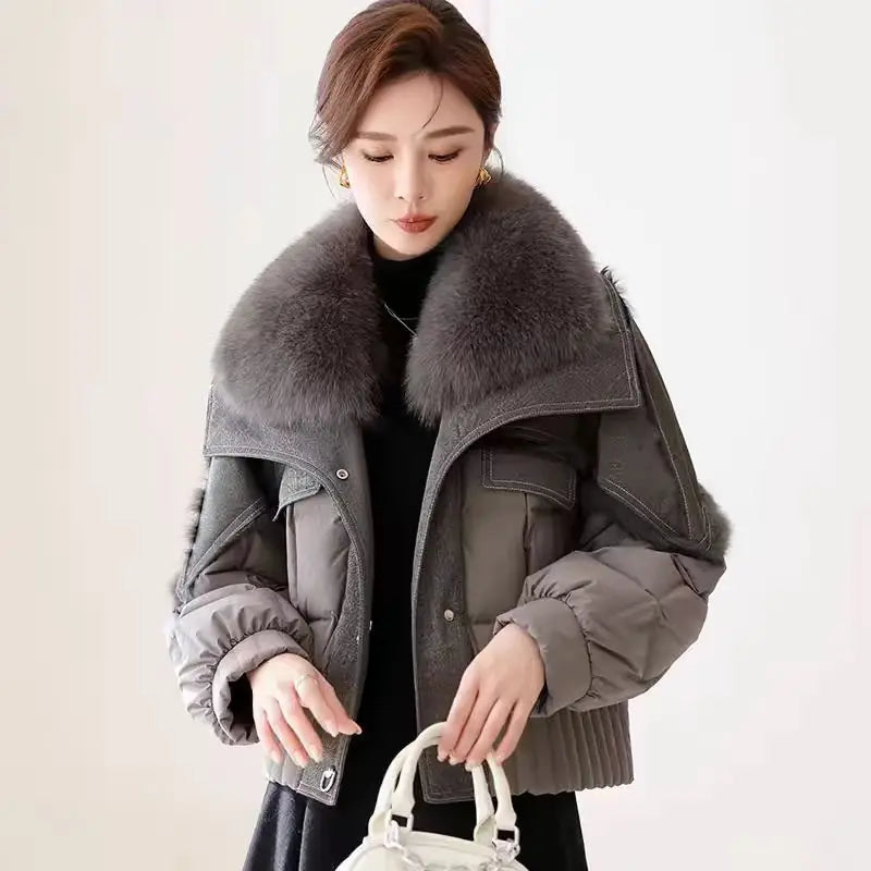 Women's Winter Down Jacket Sheepskin Fabric Fur V-Neck Rabbit Fur Lining Fur Coat Women Warm And Fashionable Jacket - reetell