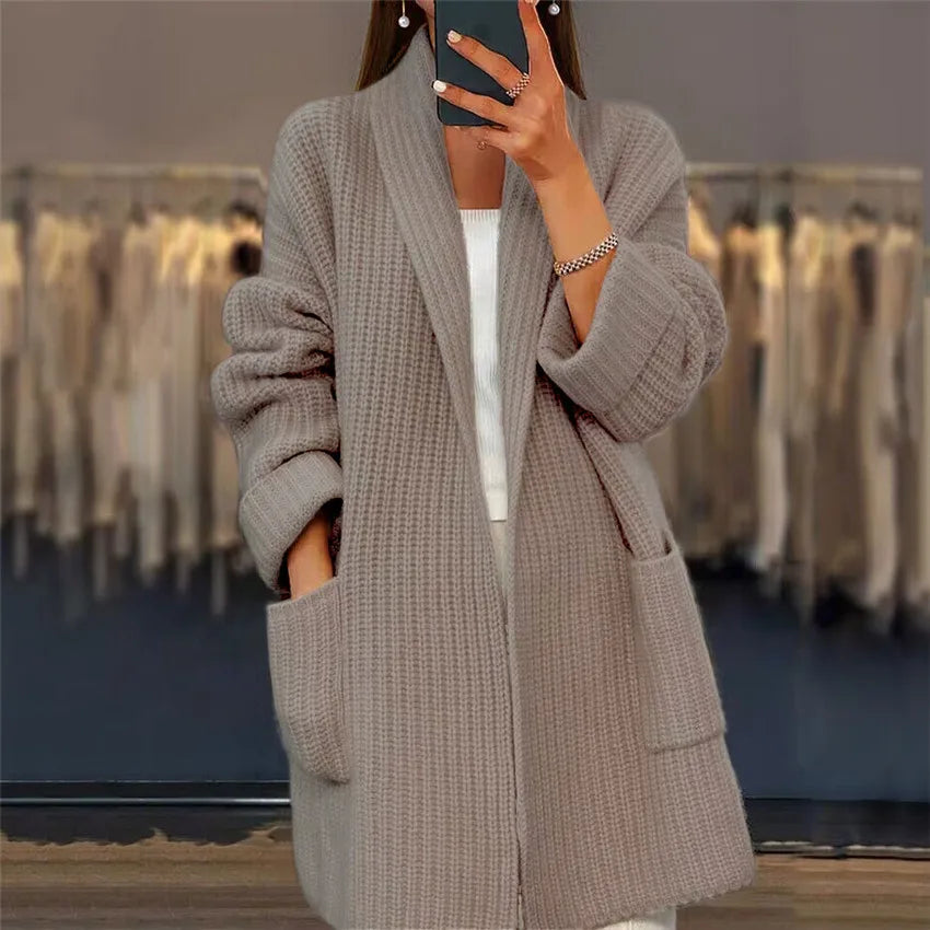 Women's Pocket Design Knitted Sweater Cardigan Autumn Winter Female Clothes Solid V-Neck Casual Long Sleeve Loose Daily Coat - reetell