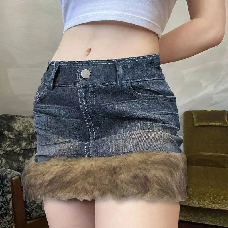 Fashion Fluff Edge Wash Denim Short Skirt Personalized Versatile Spice Girl Skirt Y2k Retro Low Waist Sexy Slim A-line Skirt - reetell