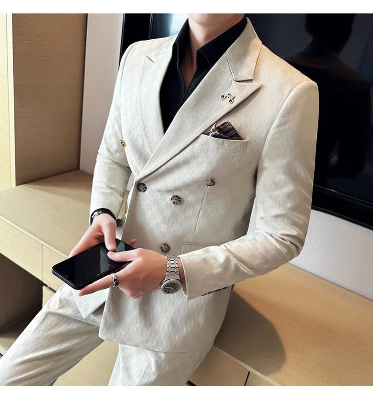 (Jacket+Pants) 2 Pieces Blue Apricot Business Party Men Suits Double Breasted Formal Style Custom Made Wedding Groom Tuxedos - reetell