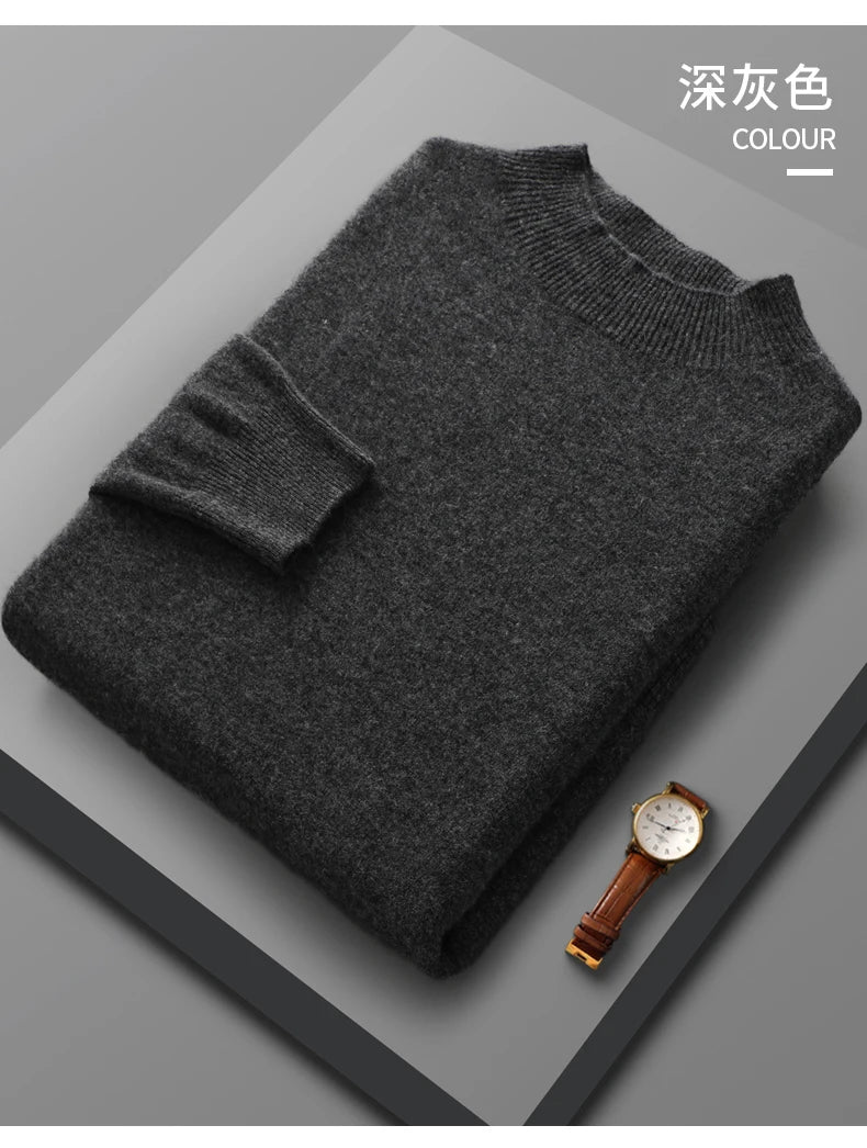 Spring Autumn 100% Merino Wool Pullover Sweater Cashmere Knitwear Men Mock-Neck Long-sleeve Basic Clothing Grace Tops - reetell