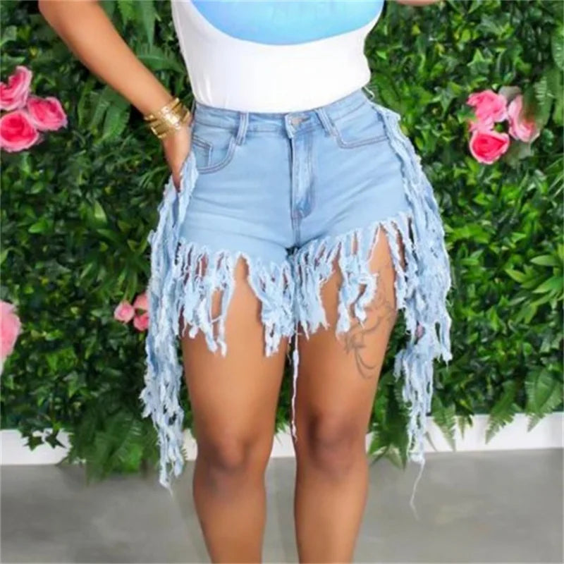 Fashion Tassel Splice Trouser Legs Denim Shorts Women High Waist Button Mini Jeans Female Casual Three Quarter Pants Streetwear - reetell