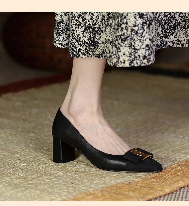 2024 New Temperament Elegant Fashion High-heeled Shoes Women's Shoes Spring Bow Mid-heel Leather All-match Thick-heeled Shoes