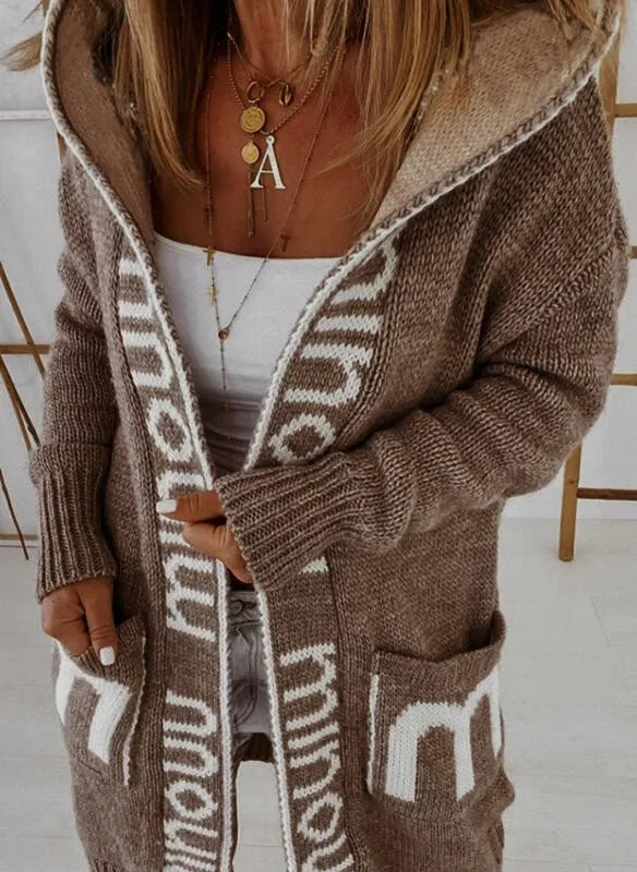 Women's Long Hooded Cardigan, Knitted Coat, Letter Pattern Knitwear, Vintage Long Knitwear, Loose, Monochromatic, Casual Sweater - reetell