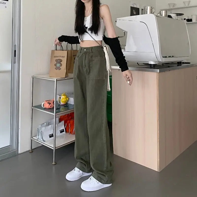 Military Green Jeans for Women High Waist Wide Legs Straight Leg Loose and Hanging Feeling Floor Length Pants High Street Trend - reetell