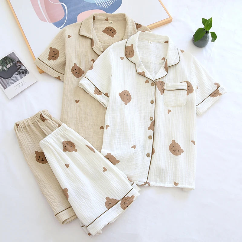 Summer Couple Pure Cotton Cute Bear Pajamas Set Crepe Gauze Sleepwear Female Short Sleeved Pijama Loungewear Crepe Ladies Pyjama