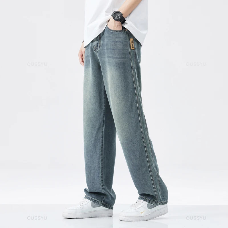 Spring Summer High Quality Soft Lyocell Fabric Jeans Men Thin Loose Wide Leg Pants Elastic Waist Casual Trousers Plus Size 28-40 - reetell