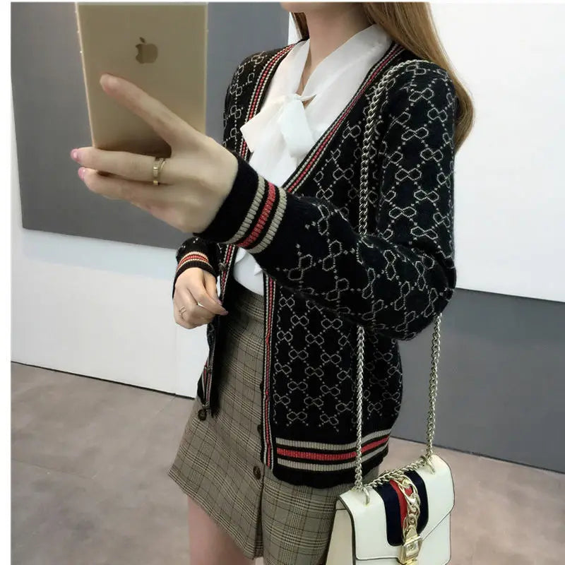 Knitting Cardigan Coat Female 2023 New Autumn Winter Korean Loose Buttons Vintage Patchwork Knitwear Women Clothing V-neck Tops - reetell