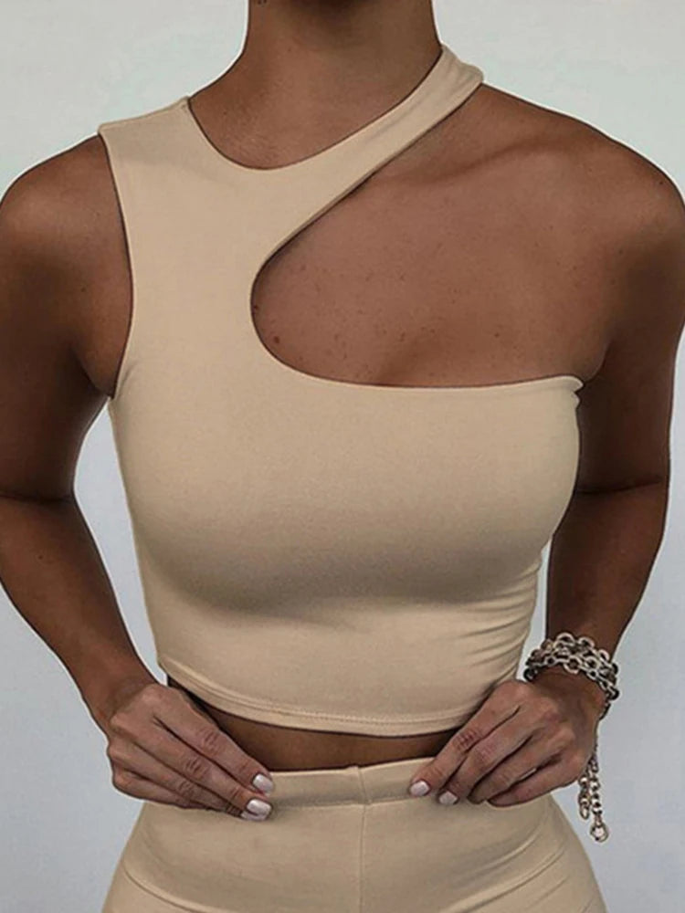 Cut Out Sexy Crop Off Shoulder Solid Skinny Sport Short Tops Women Tank Irregular Summer Tube Tops - reetell