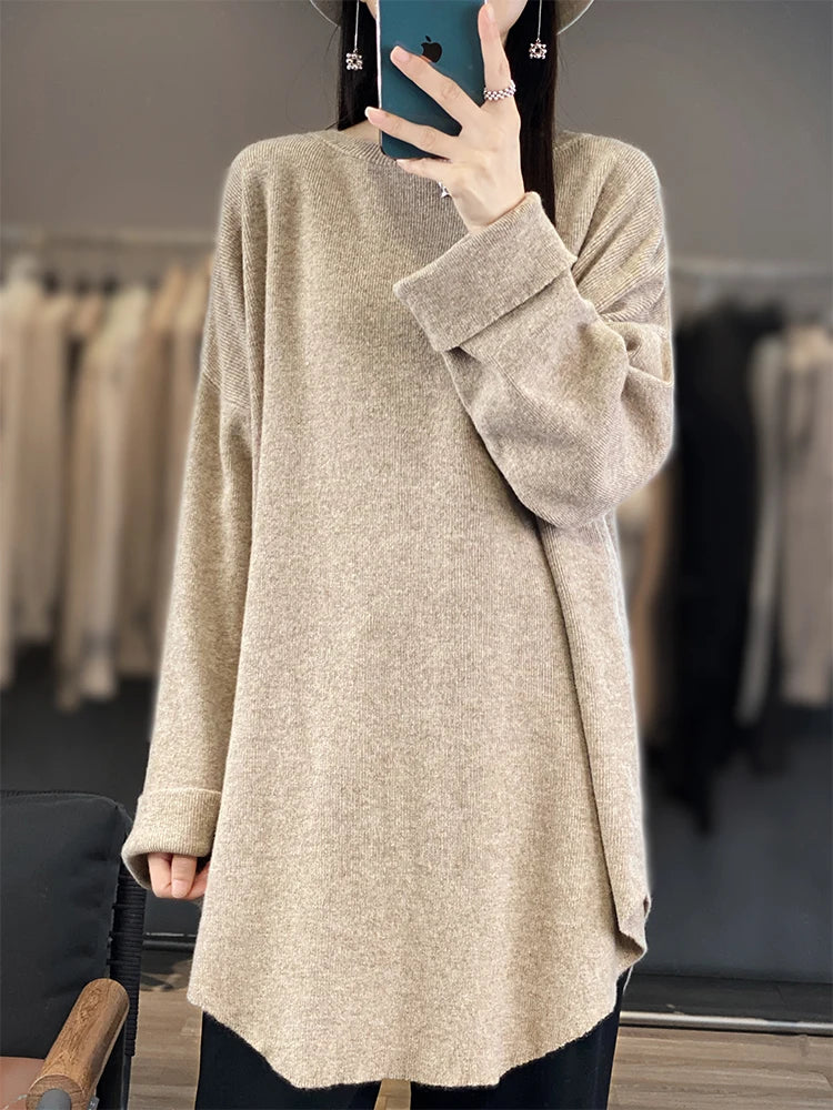 Fashion Women Round Collar Sweater 100% Merino Wool Pullovers Autumn Winter Loose Cashmere Knitwear Female Clothes Korean Tops - reetell