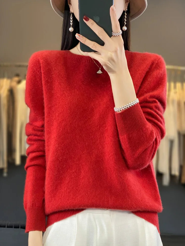 100% Merino Wool Sweater Women  Cashmere Pullover Knitwear Autumn Winter O-neck Solid Color Fashion Basic Female Clothes Tops - reetell