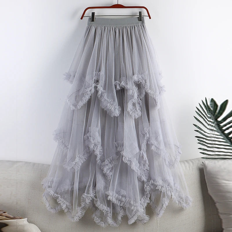 TIGENA Tutu Tulle Long Skirt for Women 2023 New Summer Korean Aesthetic Cute Irregular Mesh High Waist Maxi Skirt Female Purple - reetell