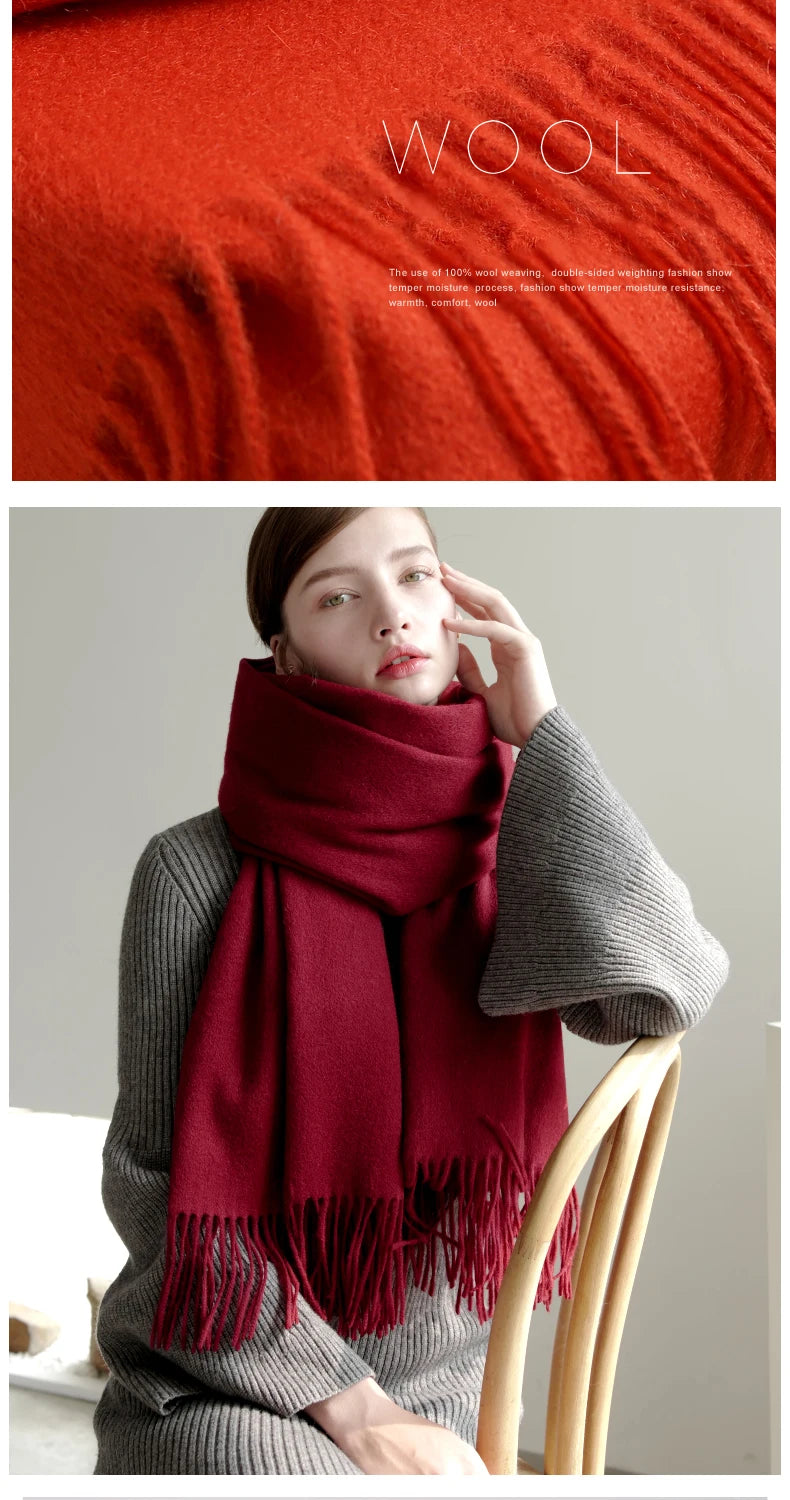 100% Wool Scarf Women Thickening Cashmere Winter Scars Shawls Fashion  Female Pashmina Scarves Oversized Keep Warm Warps 300g - reetell