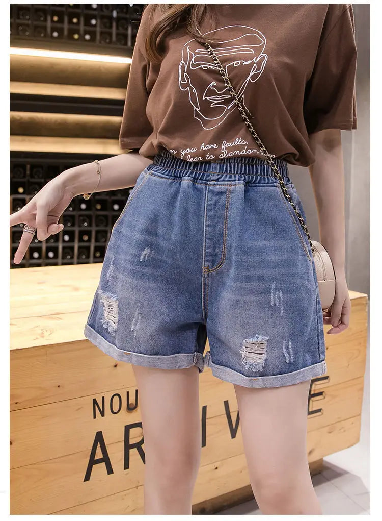 Large Size Broken Hole Cowboy Shorts Women Thin Section Wide Loose Tight High Waist Skinny A Word Wide Leg Fattening Hollowing - reetell