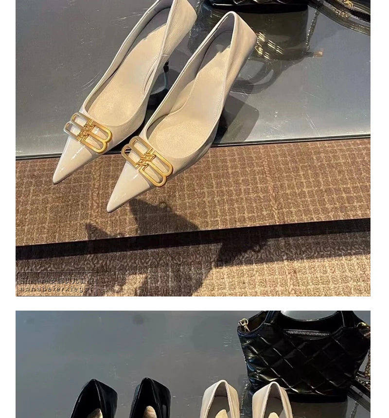 2024 New Pointed Black High Heels, Women's Thin Heels, Water Diamonds, One Line with Baotou Sandals and Button Single Shoes - reetell