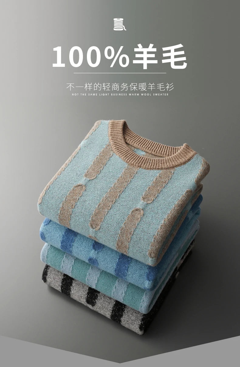 Autumn and Winter New Men's 100% Merino Wool Sweater Round Neck Knitted Hoodie Fashion Striped Thickened Top Long sleeves Warm - reetell