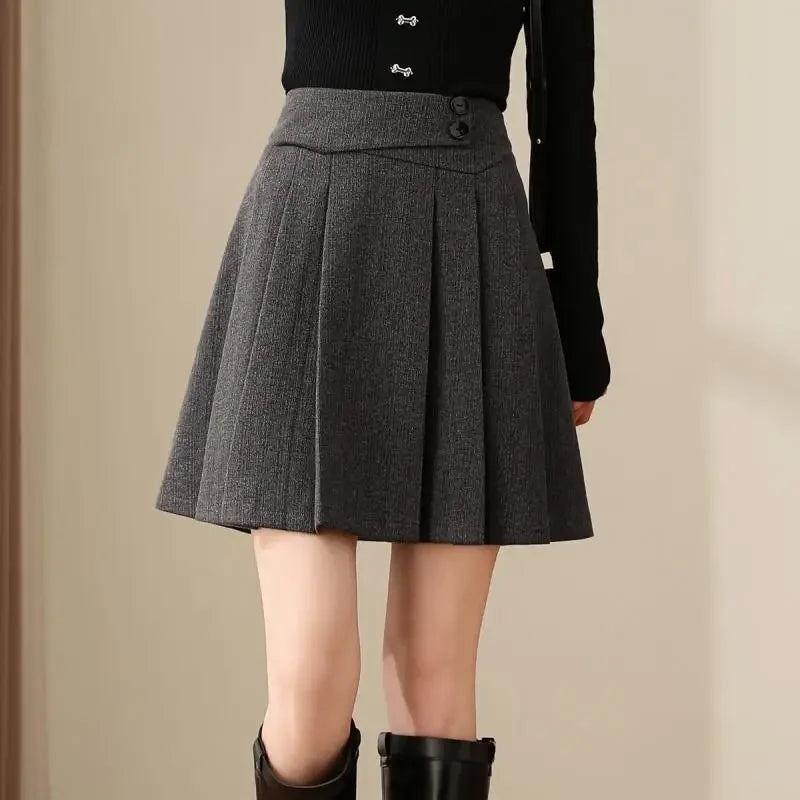 Deeptown Preppy Style Pleated Wool Skirt Women Elegant Grey Sweet Mini Skirts Vintage Solid A-line Casual Autumn Short Skirts - reetell