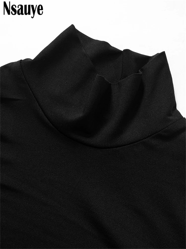 Nsauye Elegant Dress Winter 2023 Women Turtleneck High Split Bodycon Long Fashion Sexy Hollow Out Evening Club Dress Party Night - reetell