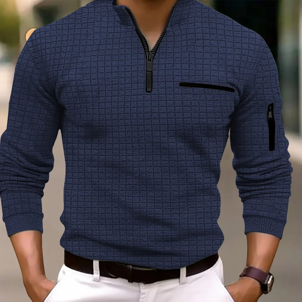 Spring and autumn new fashion men's casual cotton long sleeve Polo shirt pocket zipper standing collar men's shirt Polo