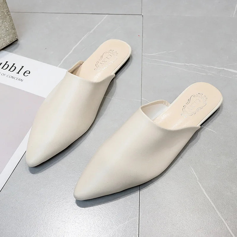 Women Spring Summer Slippers Mules Soft Leather Pointed Toe Slip On Sandalias Soild Mature Fashion Casual Low-heeled Shoes Mujer