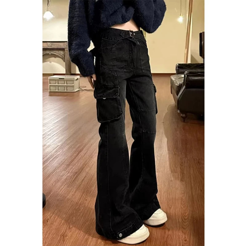 Women Black Gothic Cargo Flare Jeans Emo 2000s Vintage High Waist Baggy Denim Trousers Y2k Harajuku 90s Aesthetic Pants Clothes - reetell