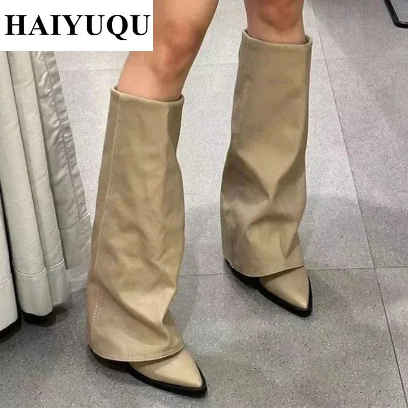 Knee High Heels Women Boots Leather Chunky Fashion Shoes Pointed Toe Snow Long Boots New Designer Pumps Punk Chelsea Botas Mujer