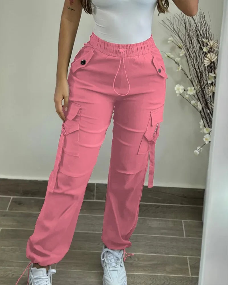 2024 New Fashion Womens Cargo Pants Elegant Pocket Design Drawstring Cuffed Pants Female Trouser Casual Bottom Female Clothing - reetell