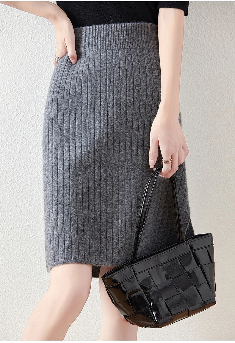 Women's Knitted Skirt 100% Merino Wool Sheath Skirt Solid Color Autumn/Winter Fashion Vertical Strip Wrap Hip Skirt Split Skirt - reetell