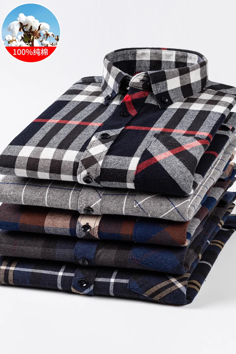 Cotton Mens Checkered Shirts Long Sleeve Soft Plaid Shirt Button Up Regular Fit Leisure Classical Vintage Comfortable Man Tops