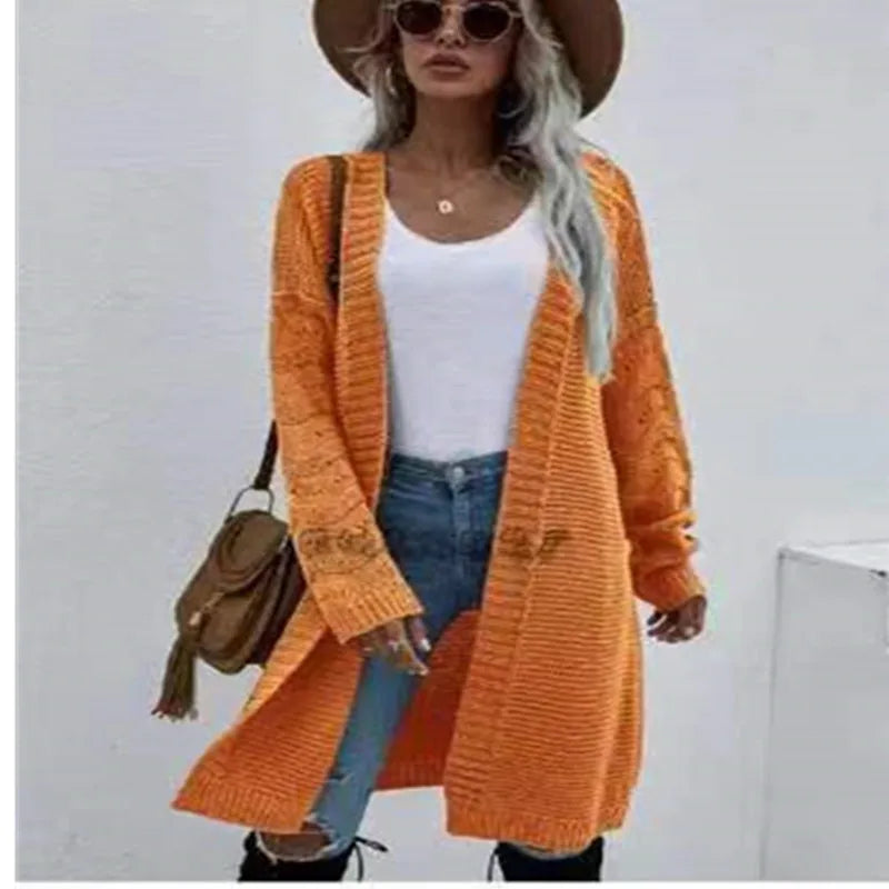 Long Cardigan Solid Color  and  Women's Spring and Autumn Knitted Fashion Sweater Outerwear  - reetell