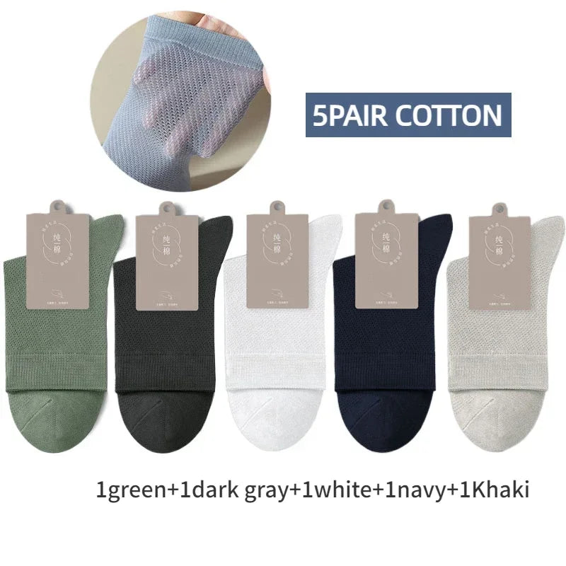 5 Pairs Men High Quality 96% Pure Cotton Socks Antibiosis Business Deodorant Sock Mesh Breathable Male Solid Color Casual Summer