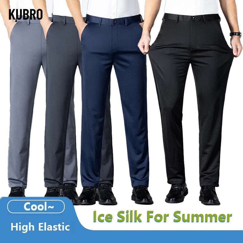 KUBRO Men's Summer Thin Fashion Business Casual Suit Pants Long Pants Men's Elastic Straight Sleeve Formal Pants Plus Size 2024 - reetell