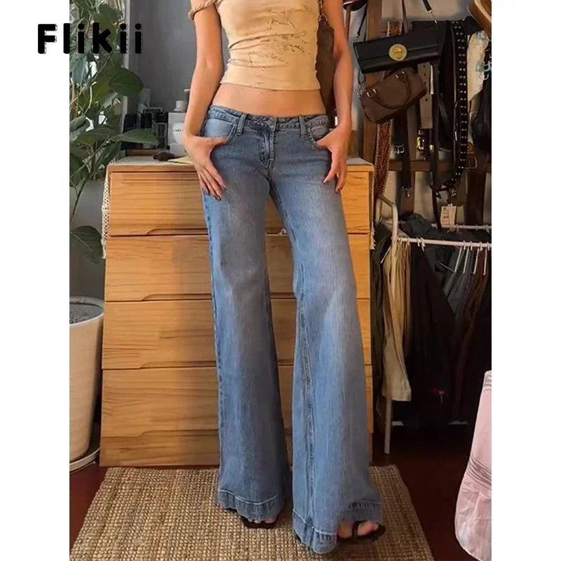 Women's Retro Washed Low Waisted Flared Jeans 2024 New Chic Casual Wide-leg Pants Female Sexy Denim Bell-bottoms Trousers Y2K - reetell