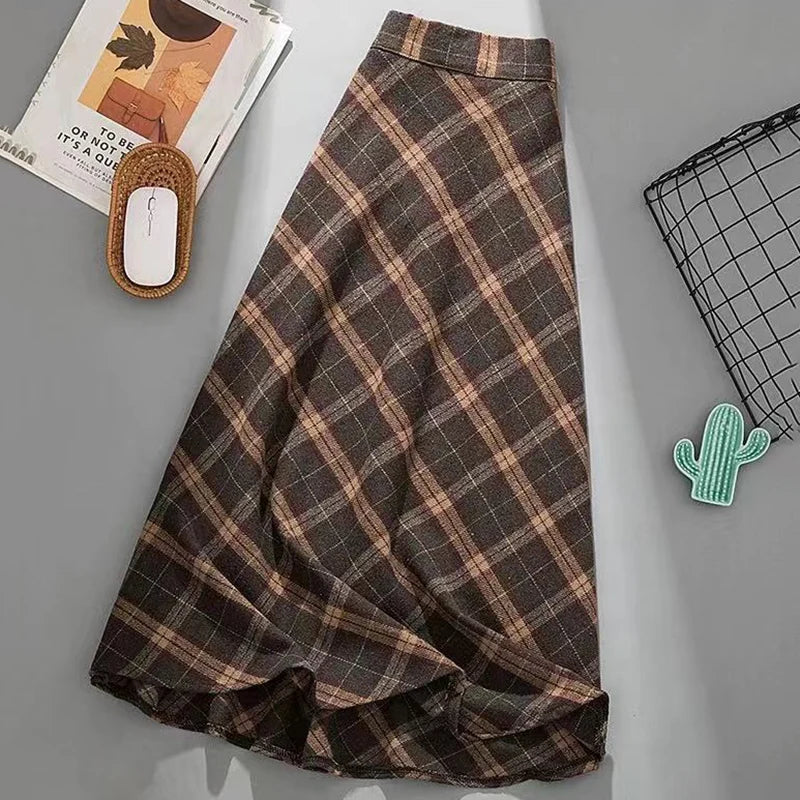 Rimocy Autumn Winter Woolen Skirt Women 2023 Korean Style Thick High Waist Long Skirt Woman A Line Pleated Plaid Skirt Female - reetell