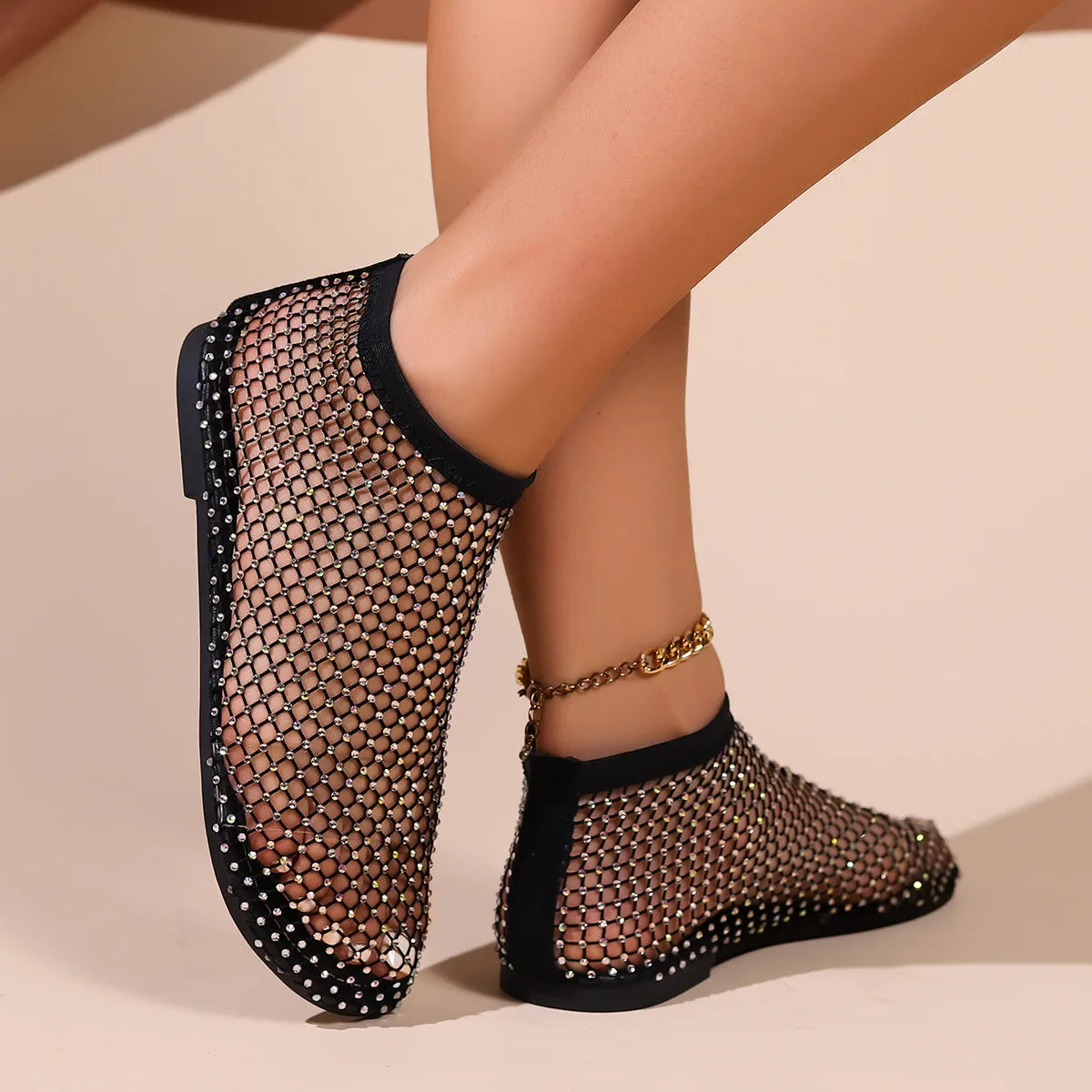 Women's Round Toe Flat Bottom Sandals Summer Slip-On Hollow Mesh Short Boots Fashion Water Diamond Sexy Banquet Slippers 35-42