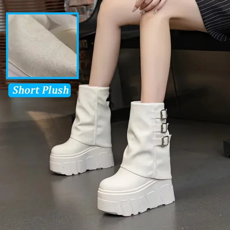 Fujin 14cm New Ankle Booties Shoes Natural Genuine Leather Boots Women Motorcycle Boots Platform Ladies Fashion Botas Winter