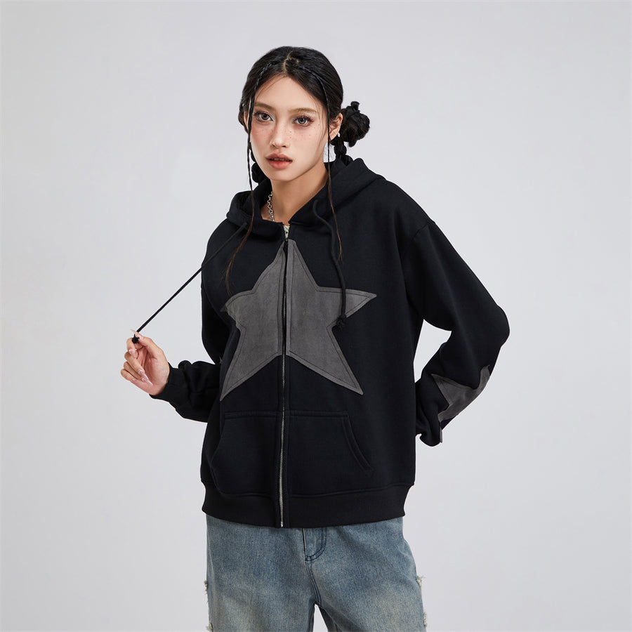 wsevypo Grunge Retro Star Print Hoodies Autumn Women's Long Sleeve Zip-up Hooded Sweatshirts with Front Pocket Street Outwear - reetell