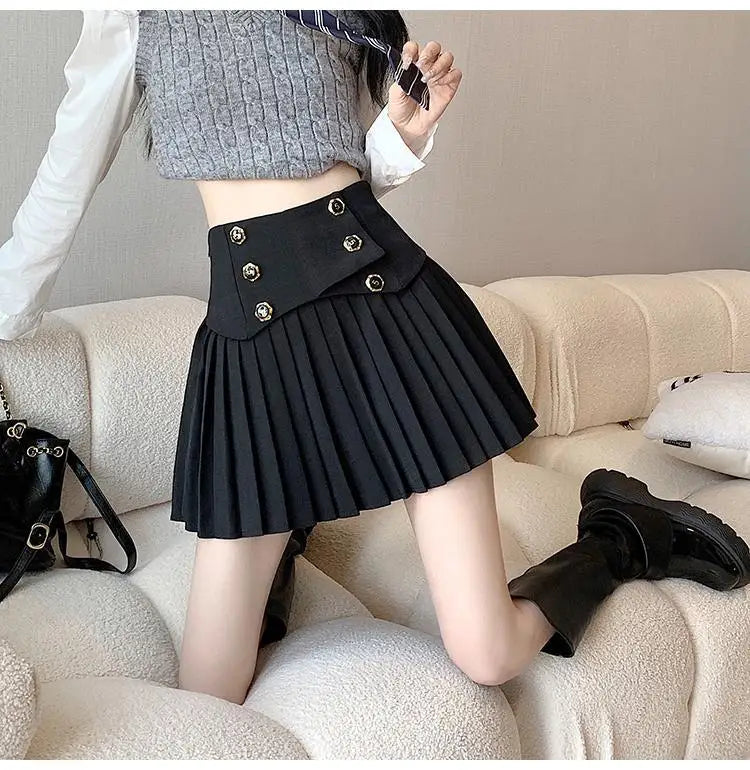 Pleated Skirt New Spring Autumn All-match Buttons Solid Color High Waist A-line Skirt Femme Preppy Style Pleated Trend Skirts - reetell