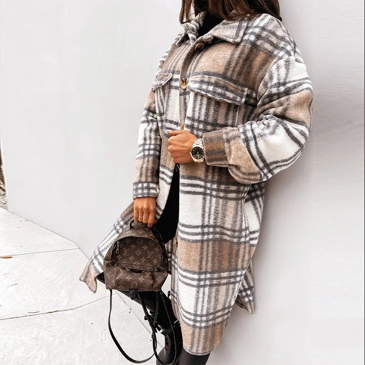 Single Breasted Trench Coat Fashion Long Autumn Winter Women's Clothing Long Sleeve Woolen Plaid Overcoat Coat - reetell