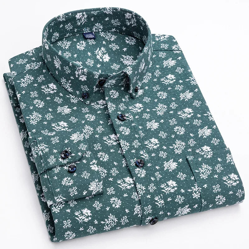 Men’s 100% Cotton Long Sleeve Shirts Vintage Floral Print Breathable Office Dress Shirt Casual Fashion Standard Workwear Shirts - reetell