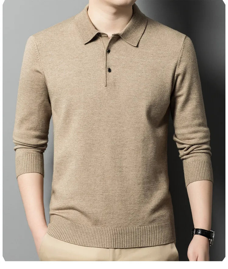 Autumn and Winter New Warm Soft Pullover Men's Business Lapel Knitwear Casual Solid Color Long Sleeve Polo Shirt Office - reetell