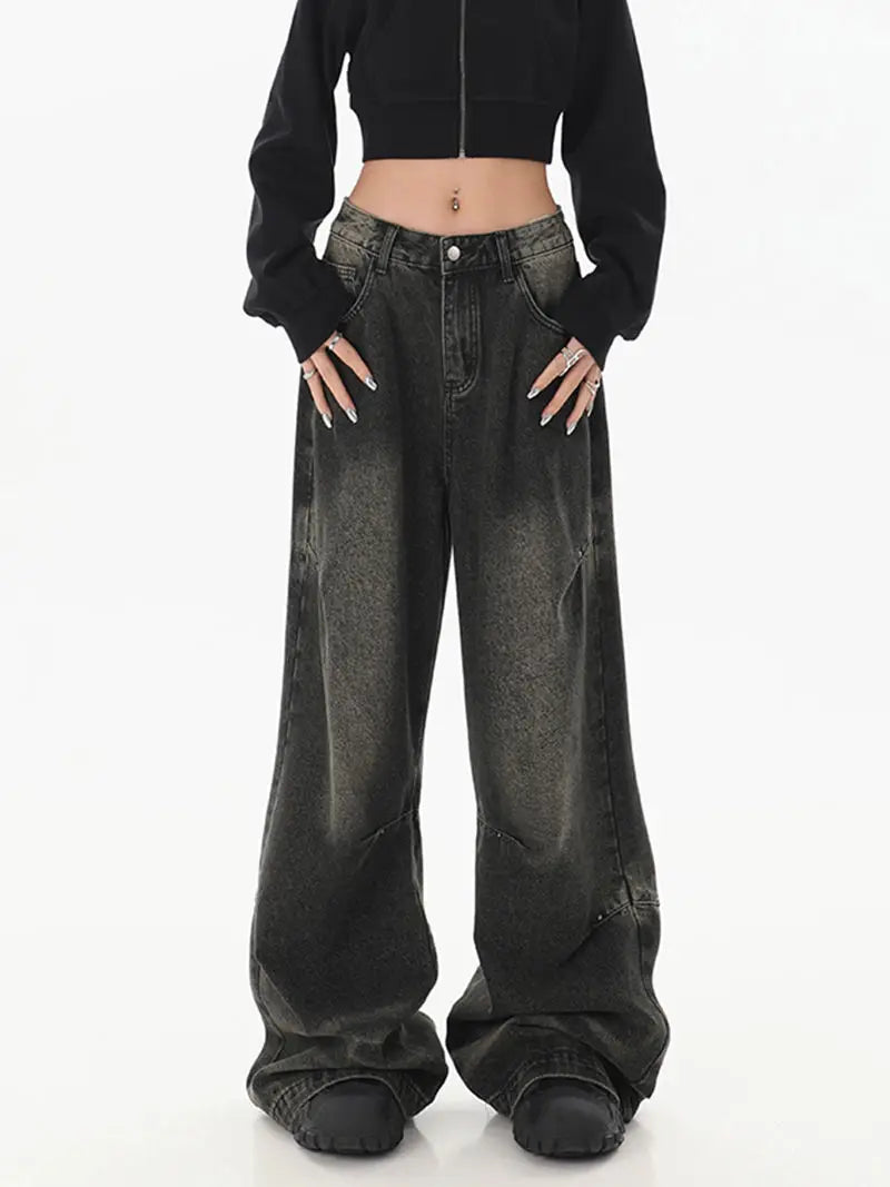 Deeptown Y2k Vintage Black Jeans Women Streetwear Baggy Denim Pants Wide Leg Harajuku Korean Trousers Goth Spring 2024 American - reetell