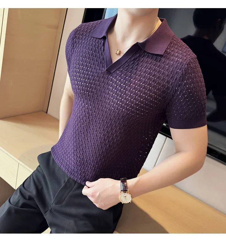 Men's Polo Shirt 2024 Summer New Light and Thin Knitted Hollow Solid Color Casual Short Sleeved V-neck T-shirt Men's Clothing